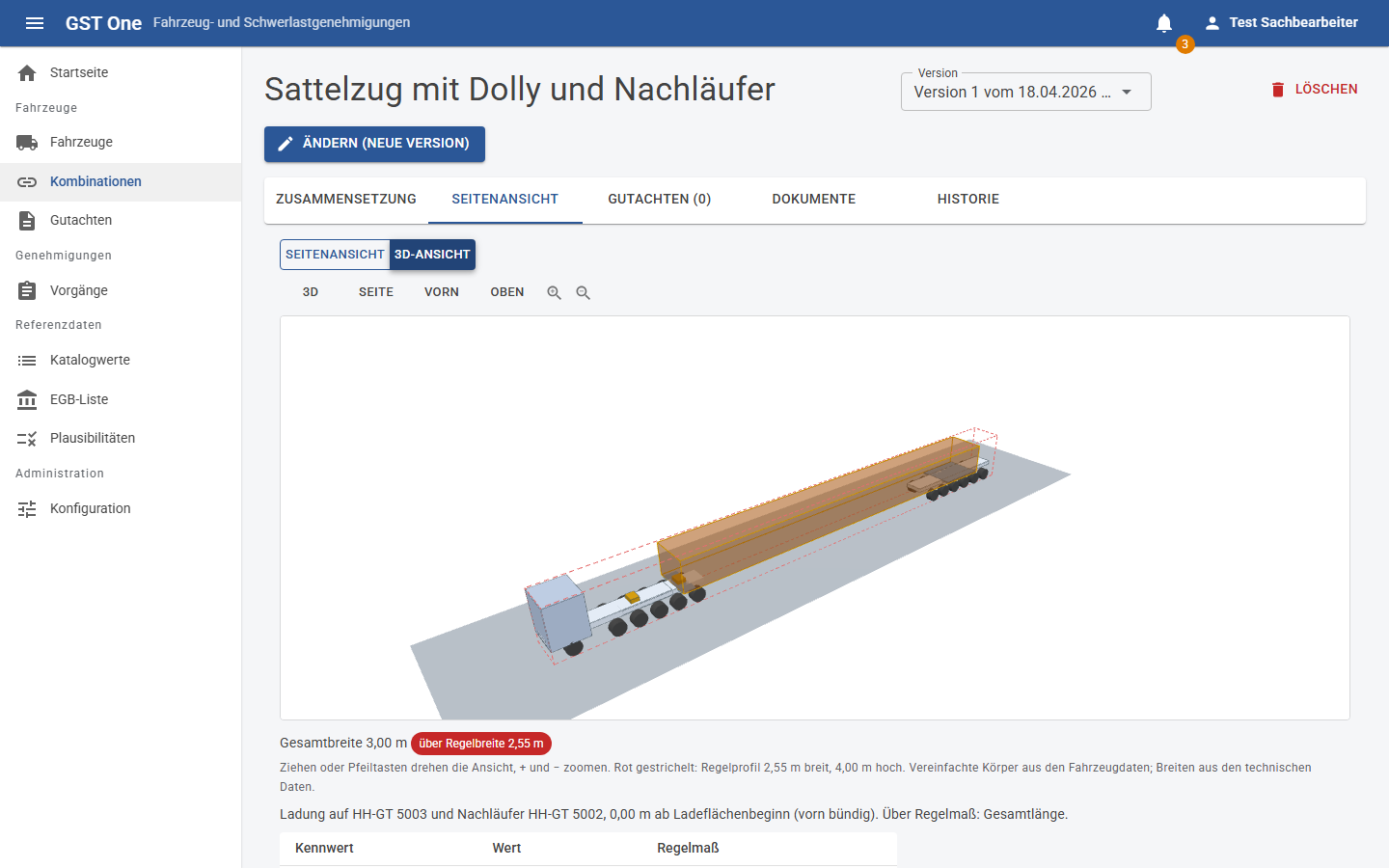 3D-Ansicht einer Kombination aus Sattelzugmaschine, Dolly und Nachläufer mit einem 30 Meter langen Rotorblatt und dem Regelprofil als rote Linie