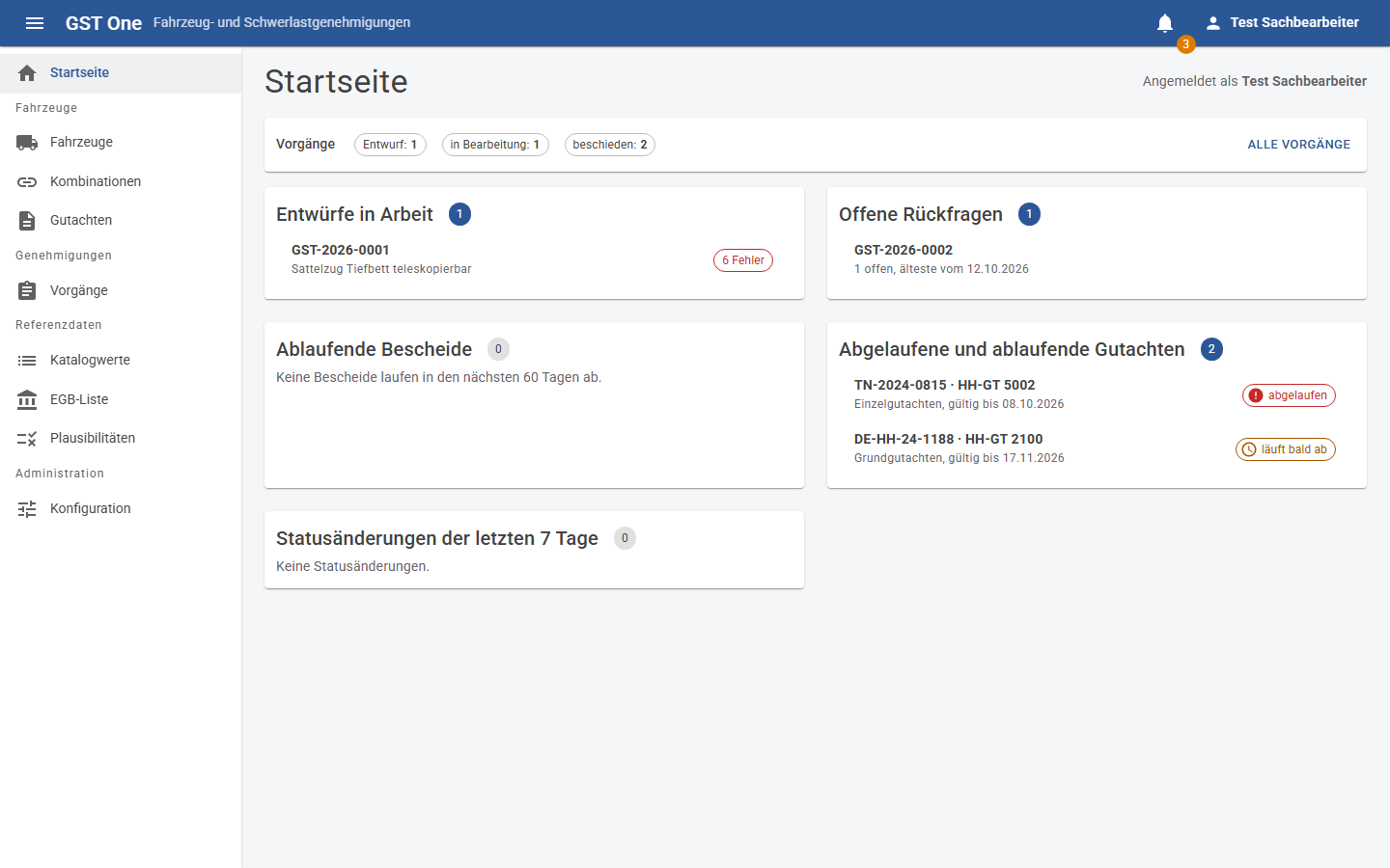 Startseite von GST One mit Entwürfen in Arbeit, offenen Rückfragen, ablaufenden Bescheiden und Gutachten