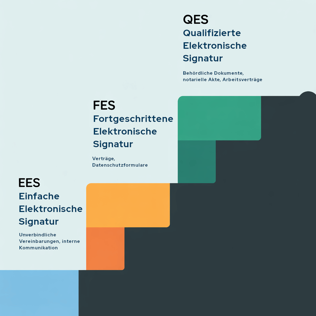 Drei Arten von elektronischen Signaturen (EES, FES, QES) werden visuell dargestellt und mit Beschreibungen für verschiedene rechtliche und administrative Dokumente versehen.