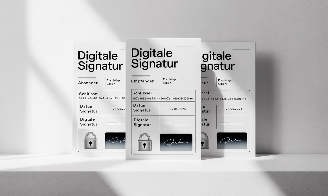 Drei Dokumente mit digitaler Signatur, die Absender- und Empfängerinformationen, Schlüssel, Daten und Signaturen auf einem minimalistischen Hintergrund anzeigen.